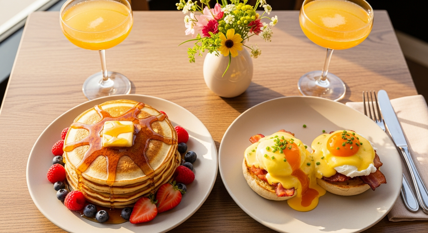 Sunlit brunch table with pancakes, eggs benedict, fresh berries, and mimosas