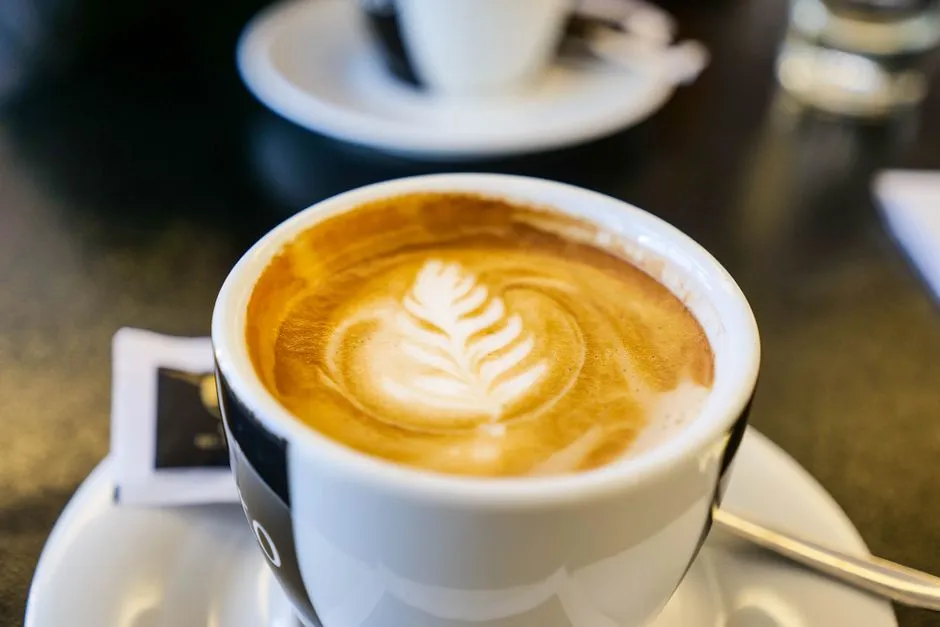 Close-up of a cappuccino with latte art on a table
