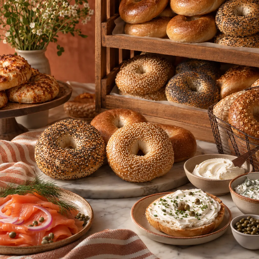 Illustrated assortment of bagels with cream cheese and toppings
