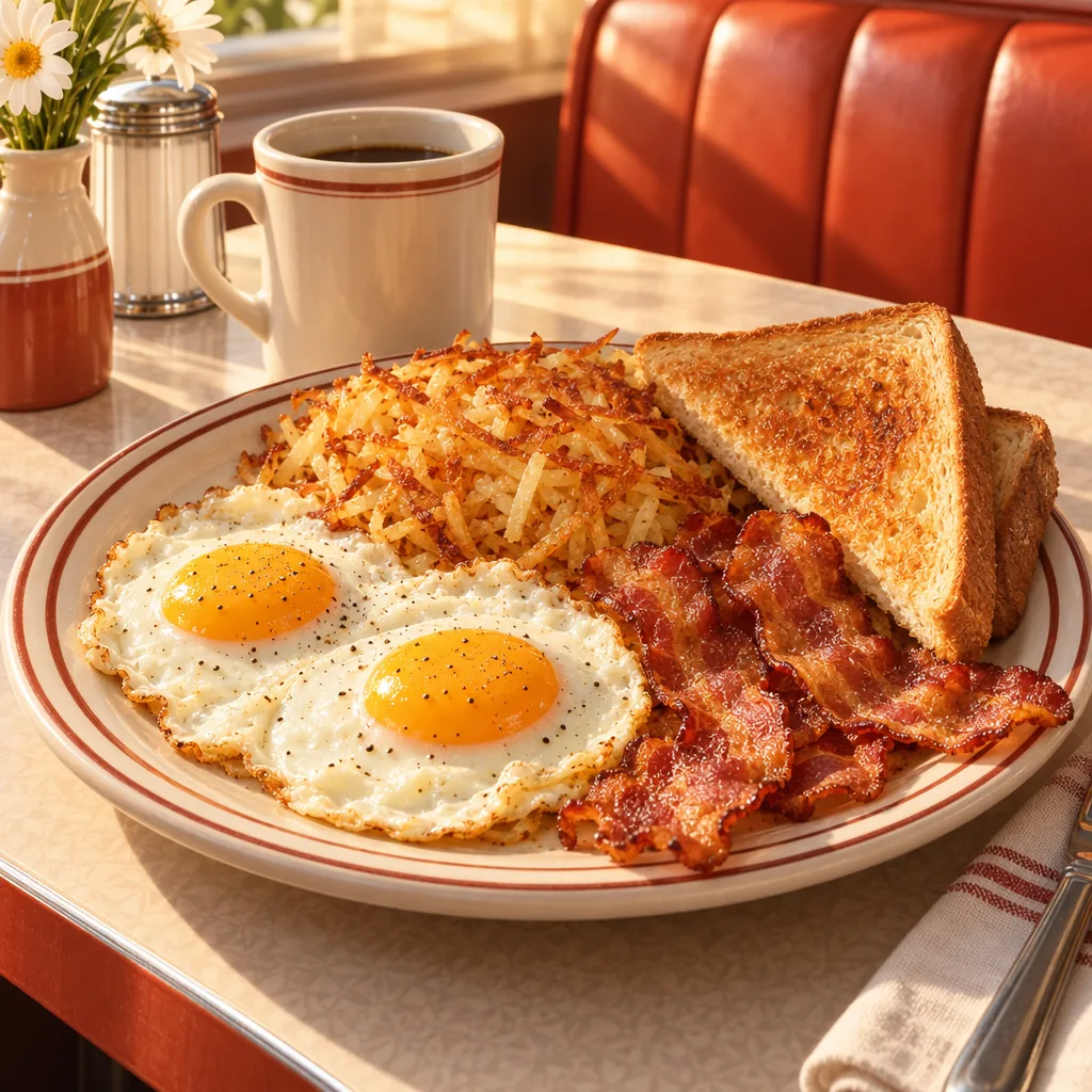 Illustrated classic breakfast plate with eggs, toast, and bacon