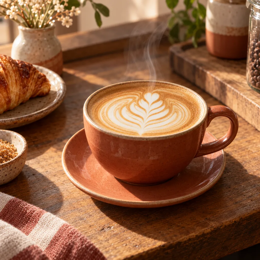 Illustrated coffee shop counter with espresso cups and pastries
