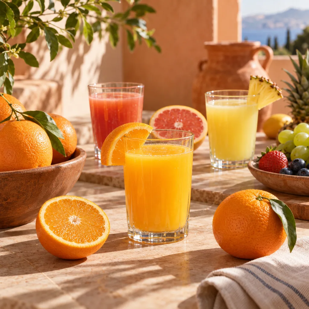 Illustrated glasses of fresh juice with citrus fruit