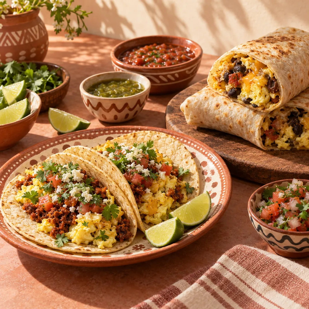 Illustrated Mexican-style brunch plate with tacos, salsa, and lime
