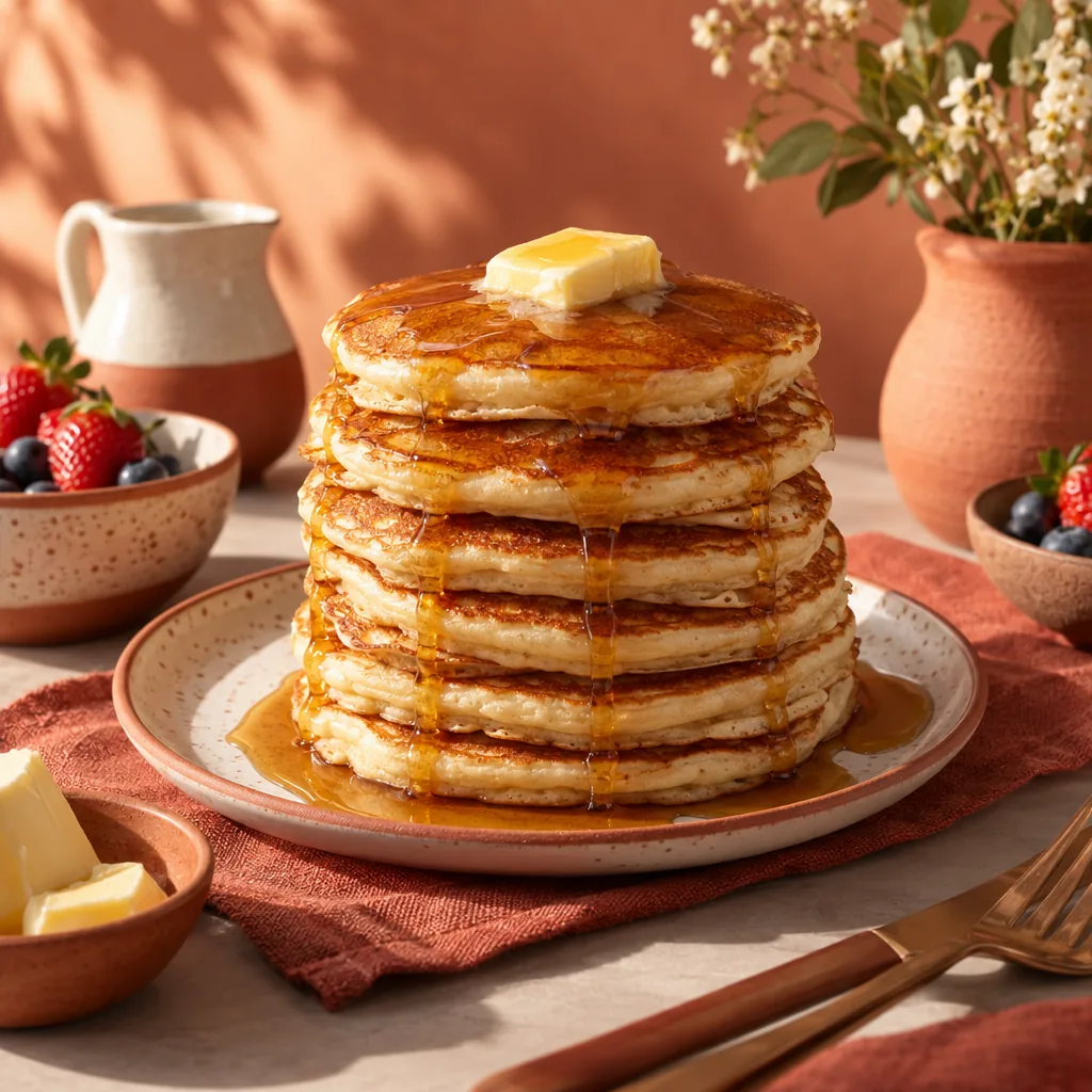 Illustrated stack of pancakes with syrup and butter