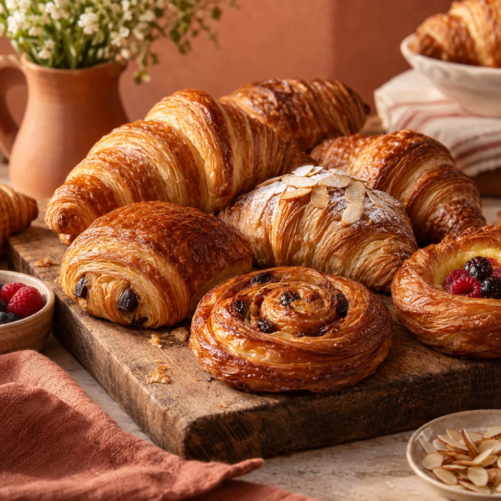 Illustrated bakery case of brunch pastries and croissants
