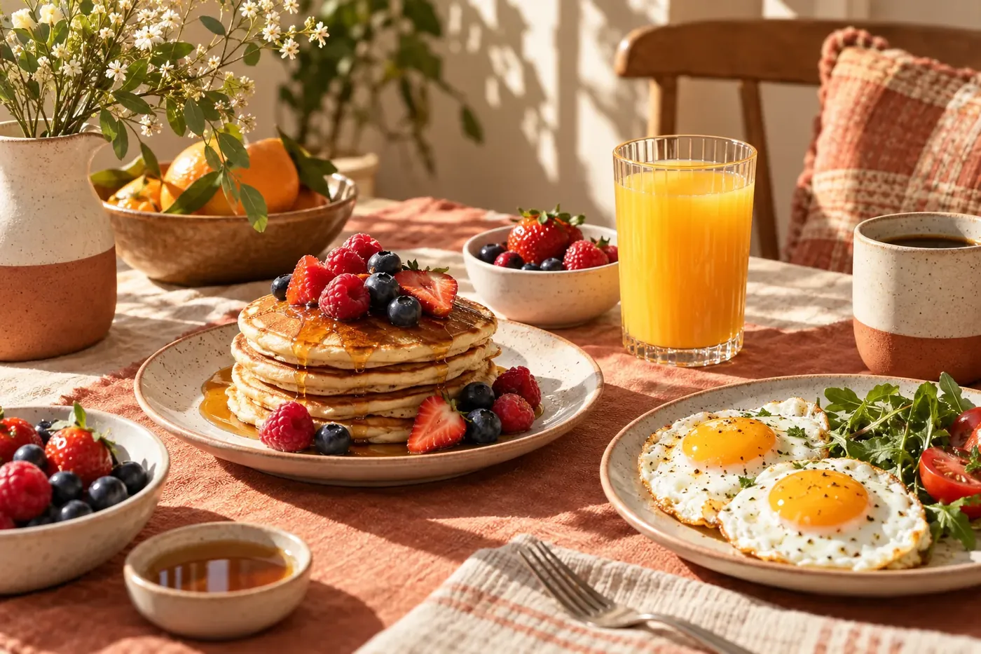 Illustrated sunlit brunch table with pancakes, eggs, fresh fruit, and coffee