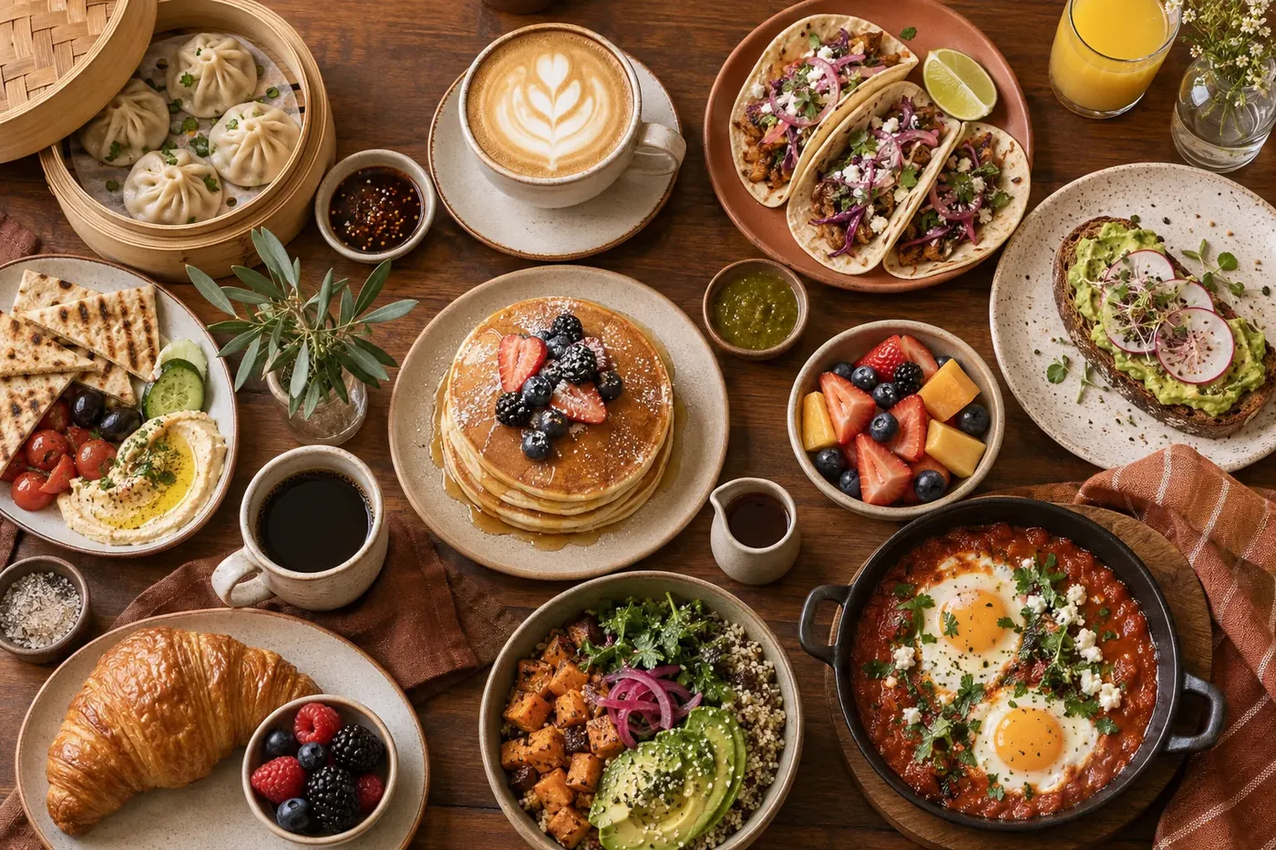Illustrated spread of assorted brunch dishes representing many cuisine styles